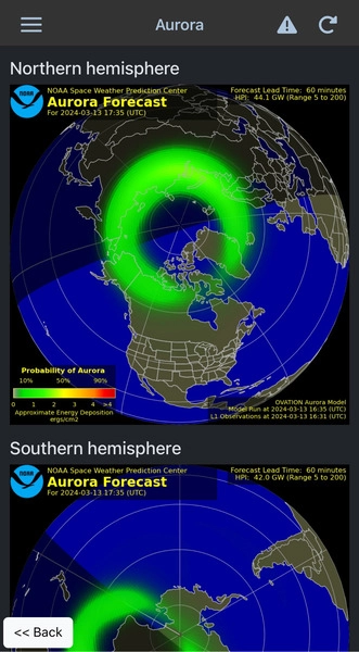 real time auroral oval position and size over a map of the poles