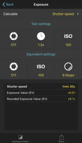 A chart of f/stop and shutter speed combinations matched to exposure values